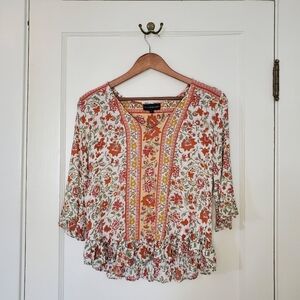 Cynthia Rowley Floral Print Boho-Chic Blouse – Size S – Orange/Marigold/Olive